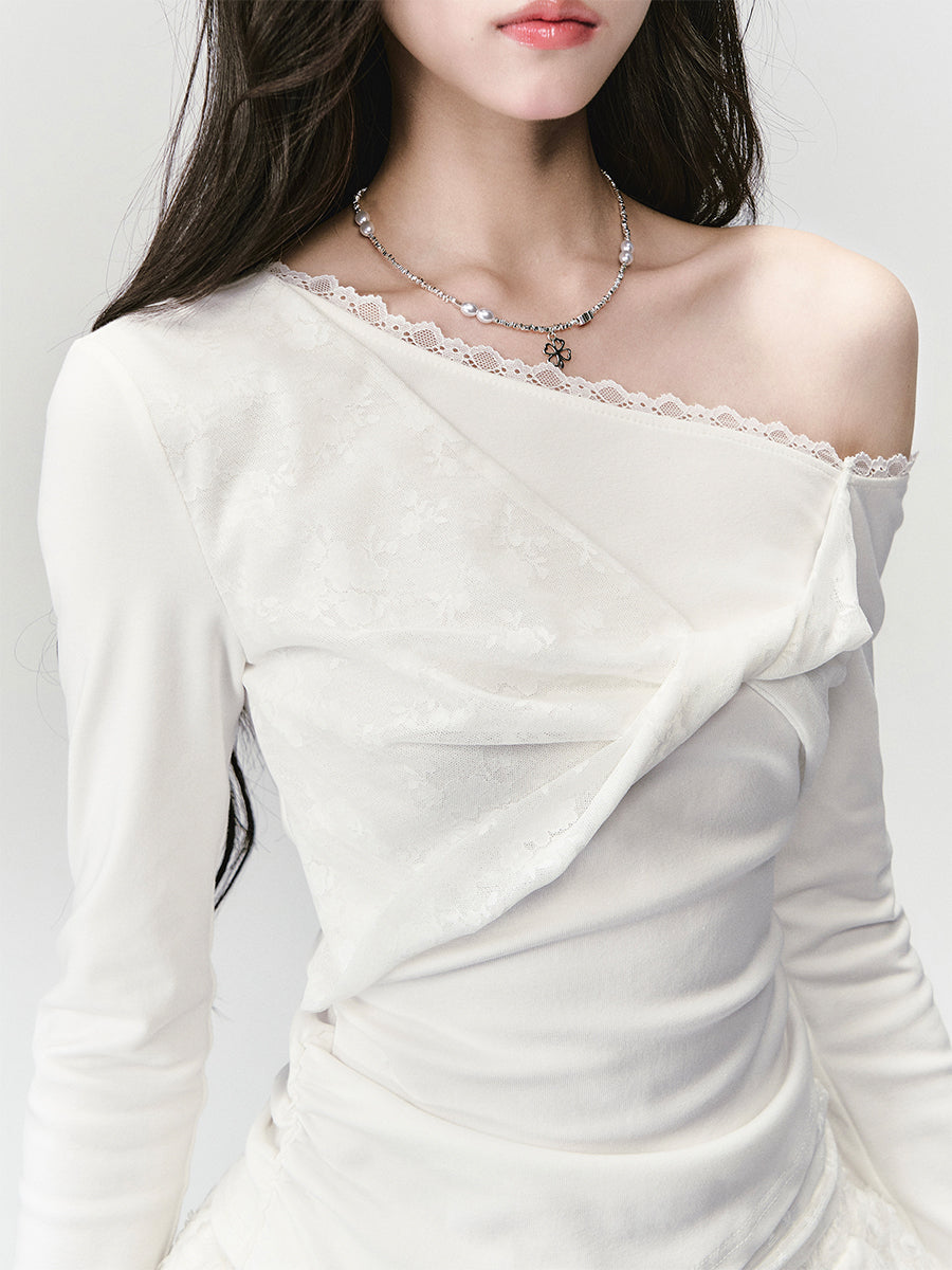White One-shoulder Lace Twist T-shirt FRA0431