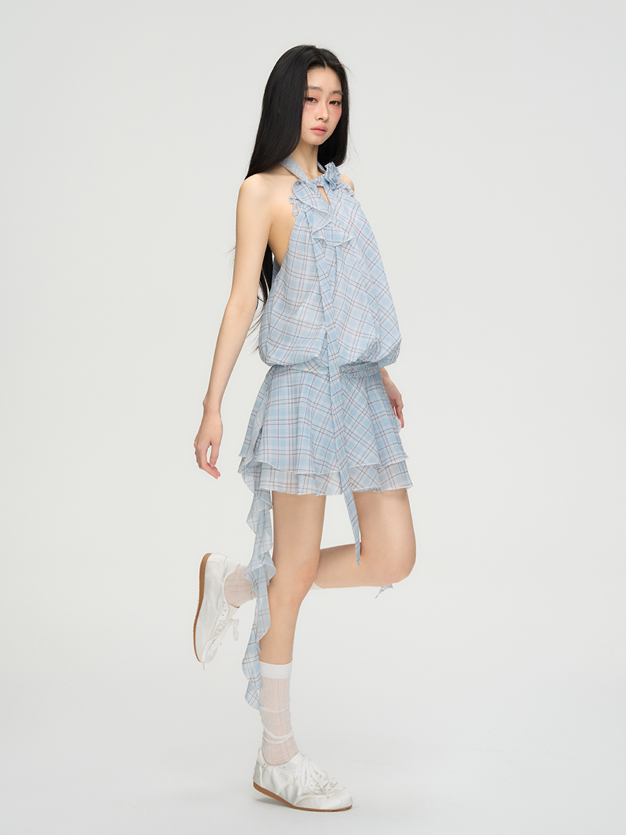 Flower Backless Plaid Irregular Dress PUN0073