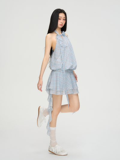 Flower Backless Plaid Irregular Dress PUN0073