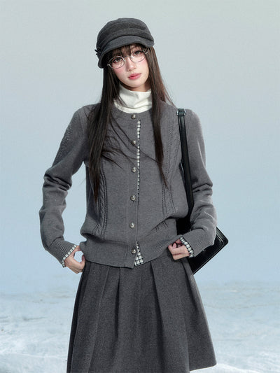 Cable Knitted Patchwork Plaid Cardigan FRA0475