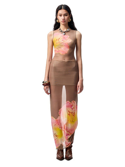 Floral Print Rhinestone Top/Long Skirt JIN0021