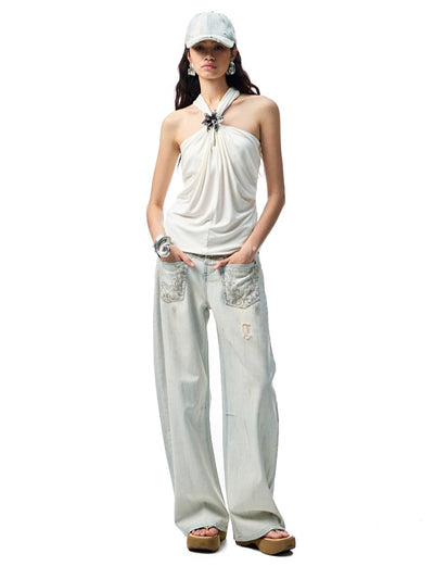 V-neck Pleated Sleeveless Halter Top JIN0022