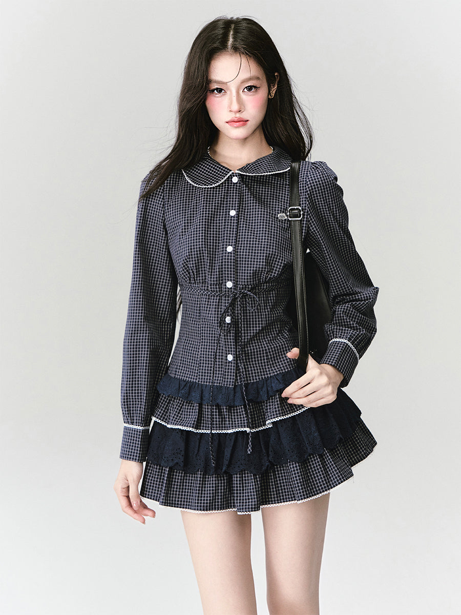 Plaid  Long Sleeve Shirt/Lace Skirt FRA0416