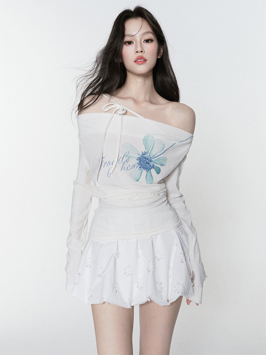 Flower Printed Off-shoulder T-shirt FRA0384