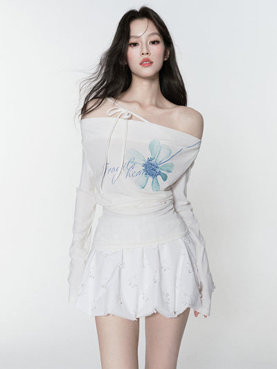 Flower Printed Off-shoulder T-shirt FRA0384