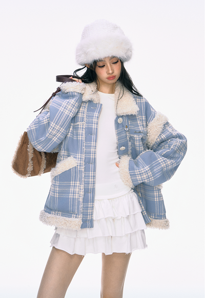 Fur Collar Blue Plaid Jacket PUN0035