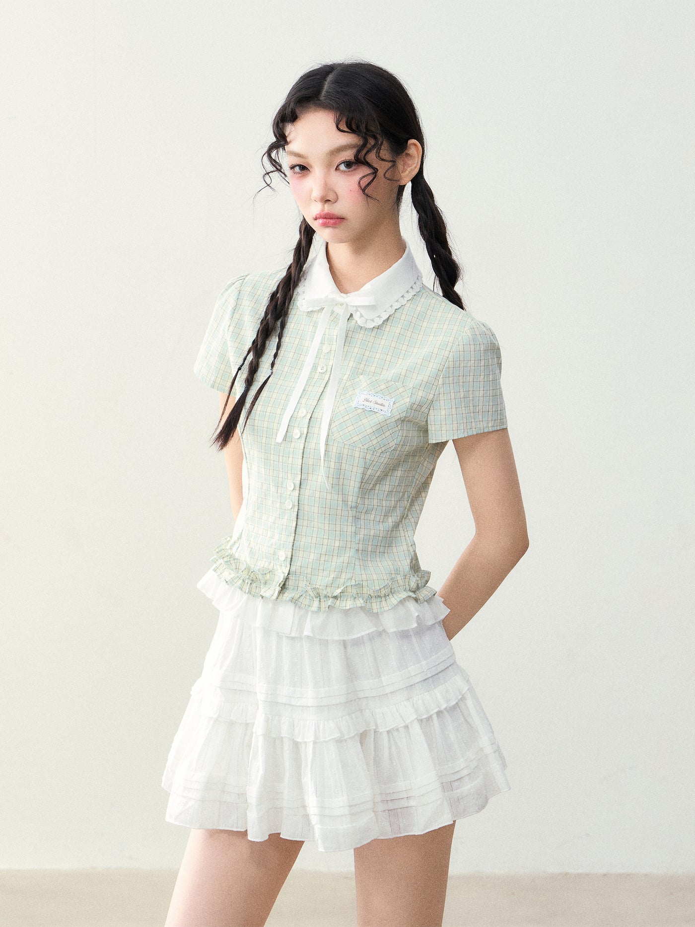 Doll Collar Fake Two-piece Plaid Shirt NTO0229