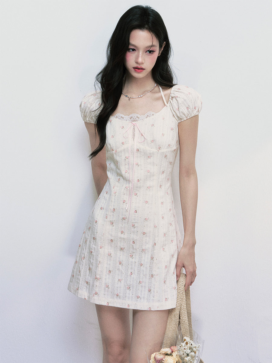 Floral Puff Sleeve Waist Dress FRA0395