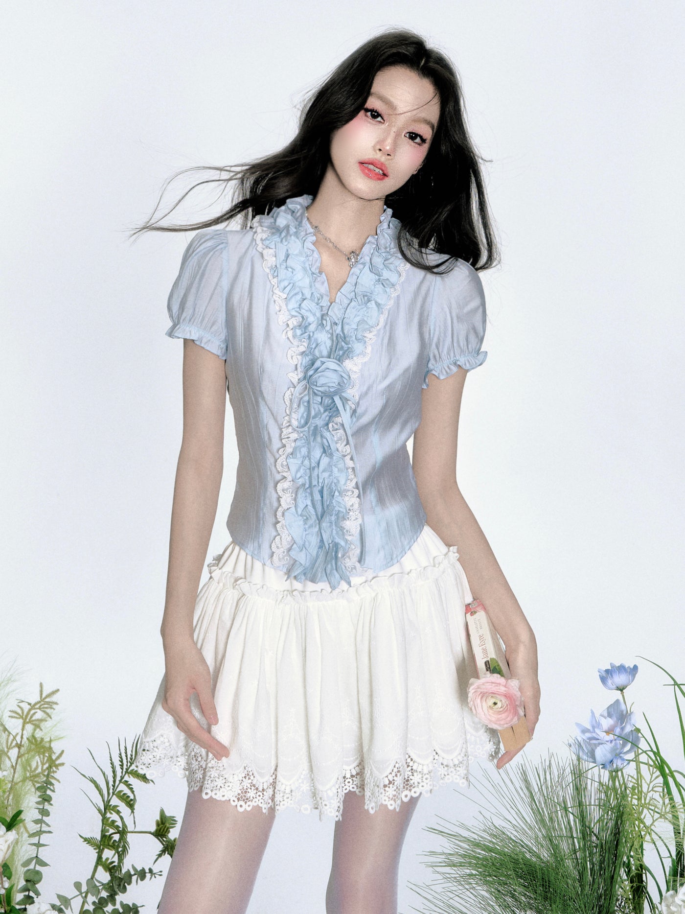 Gray Blue Flower Puff Sleeves Shirt FRA0347