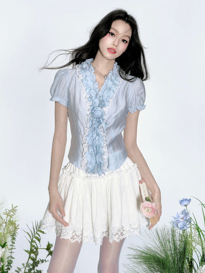 Gray Blue Flower Puff Sleeves Shirt FRA0347