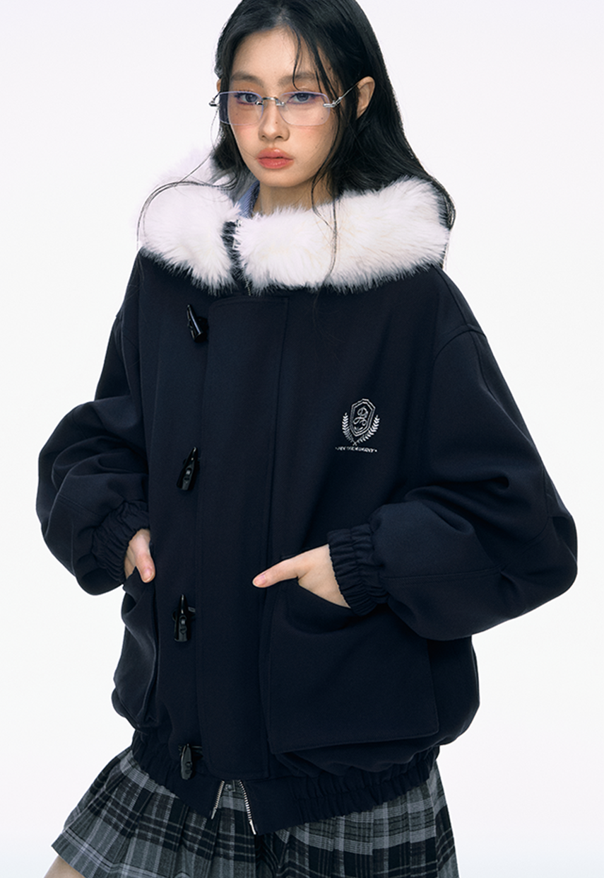 Navy Blue Fur Large Collar Cotton Jacket PUN0037