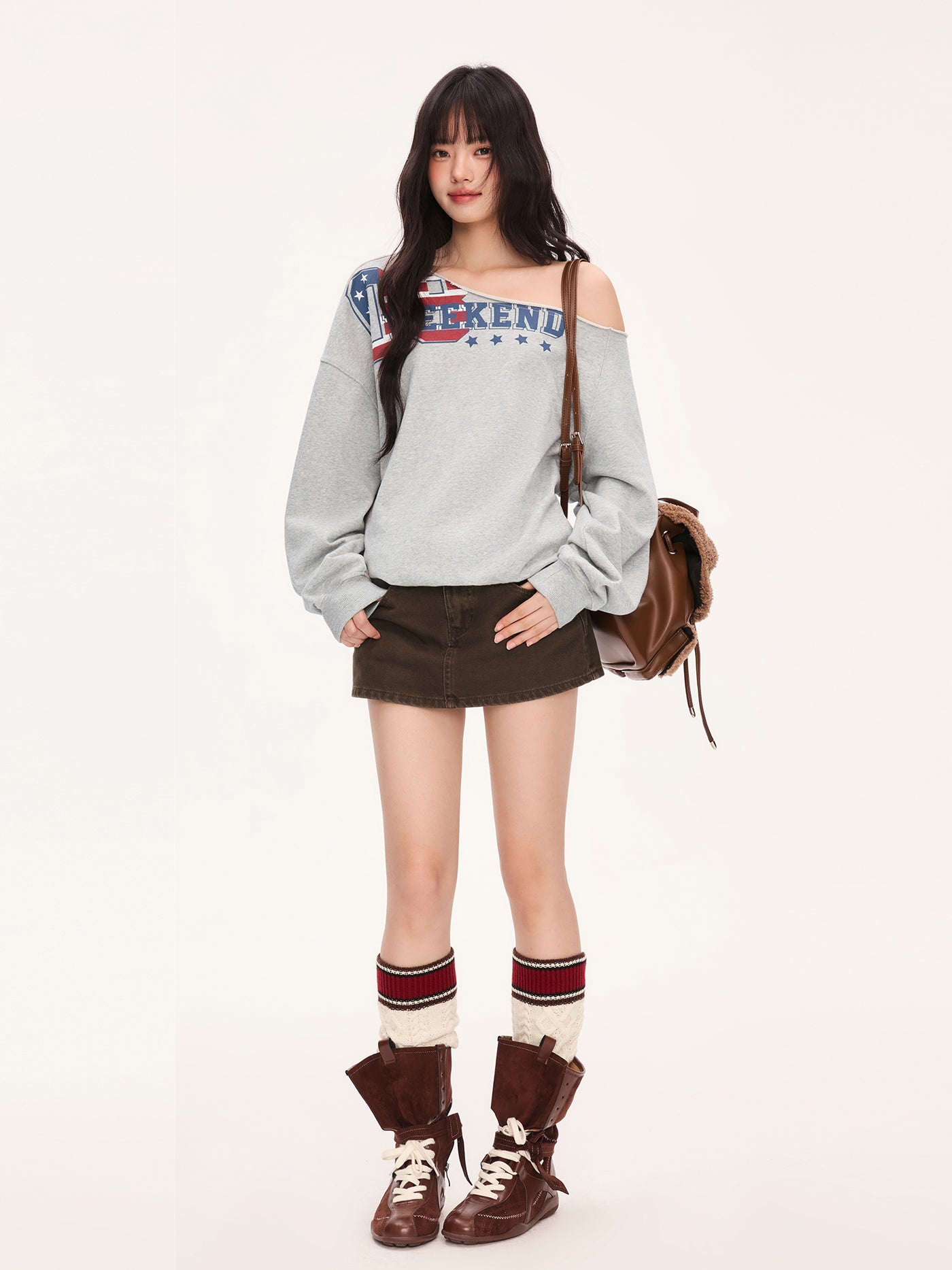 American Print Casual Off-Shoulder Sweatshirt WEE0077