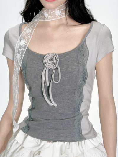 Lace Splicing Short Sleeve T-shirt FRA0369