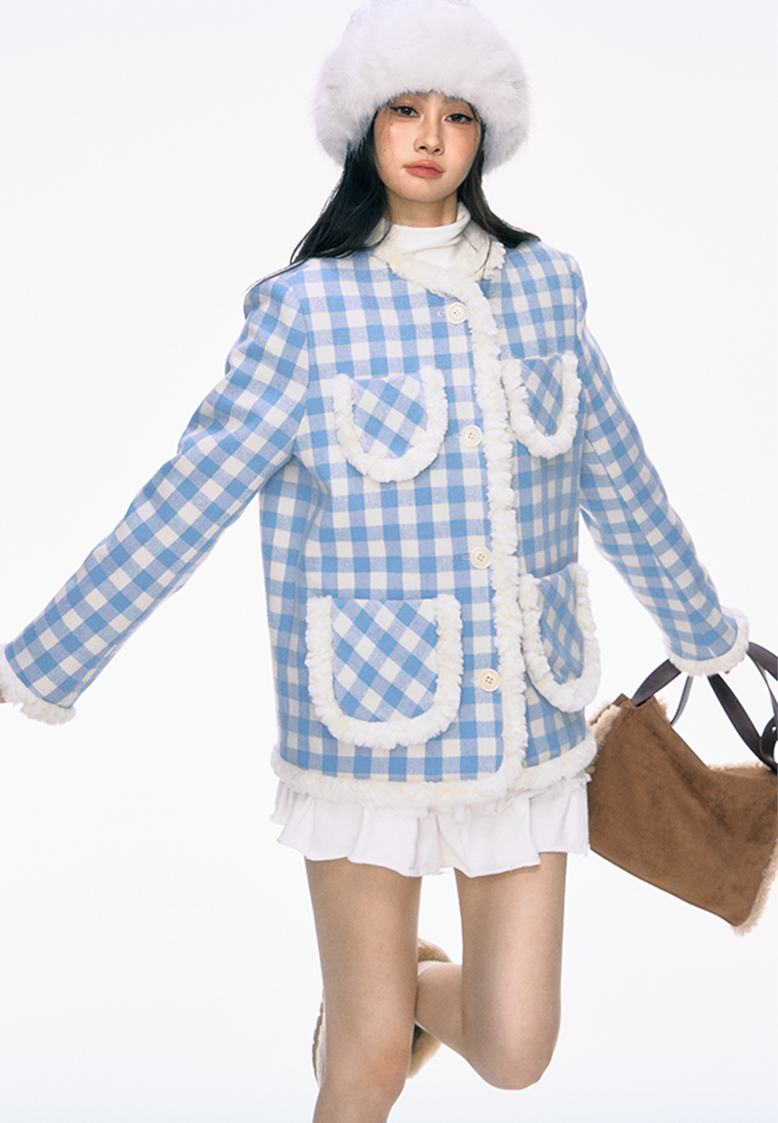 Fur Edge Blue Plaid Cotton Jacket PUN0030