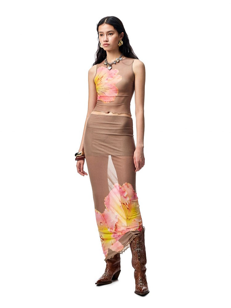 Floral Print Rhinestone Top/Long Skirt JIN0021
