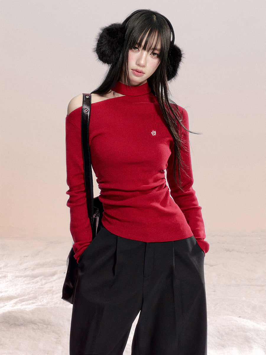 Red Off-shoulder Cotton Sweater FRA0489