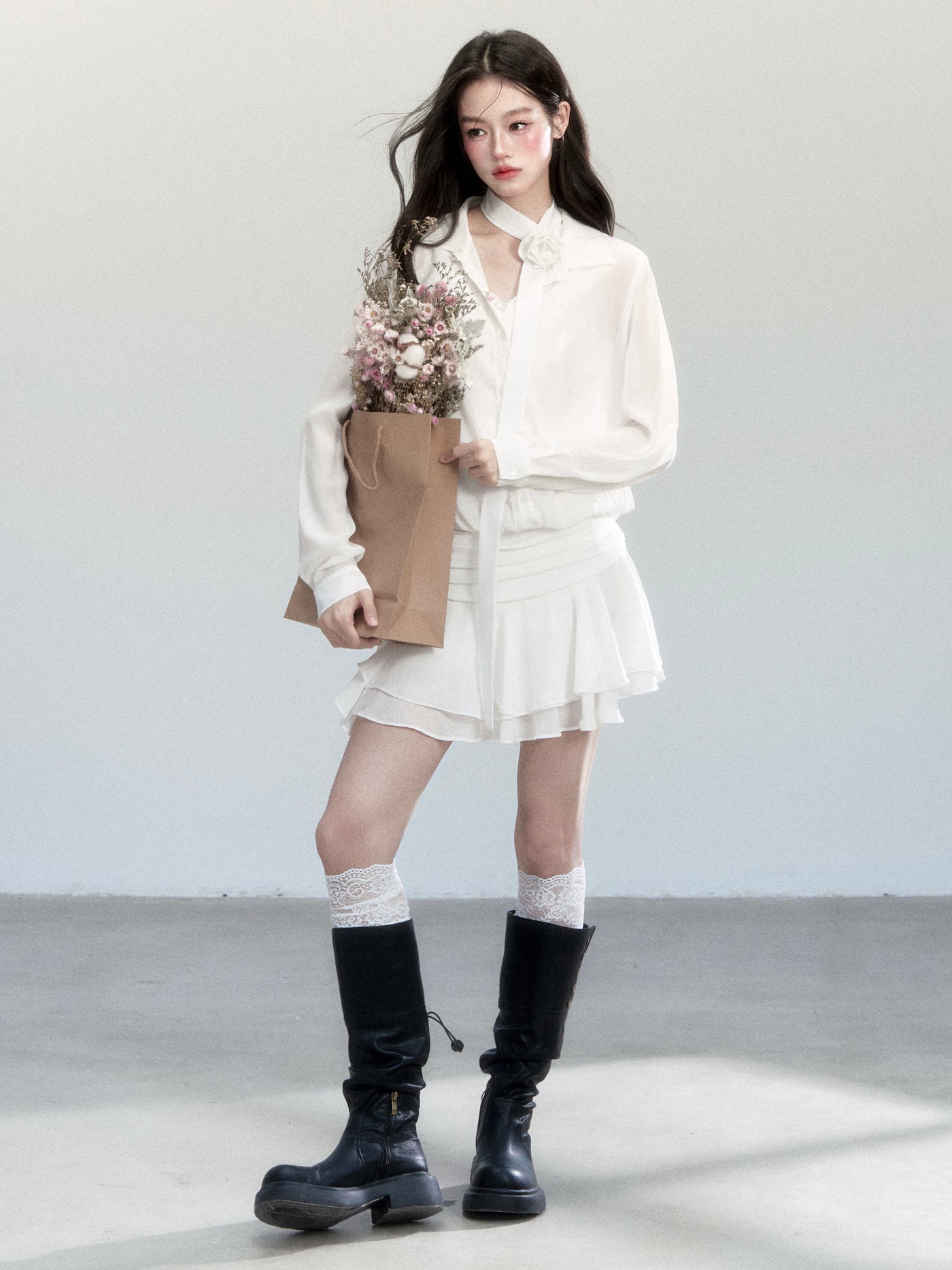 Chiffon Ruffled Hem Shirt Dress FRA0450