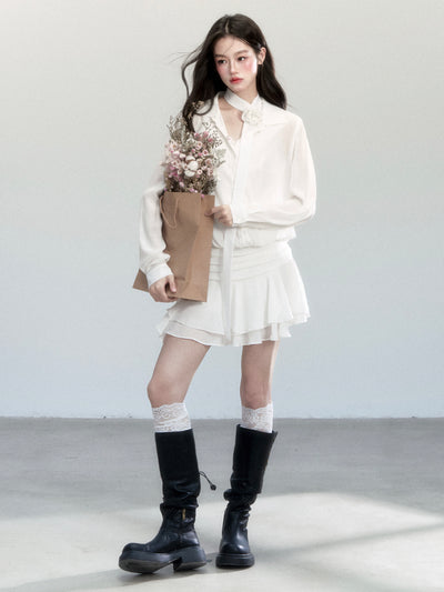 Chiffon Ruffled Hem Shirt Dress FRA0450