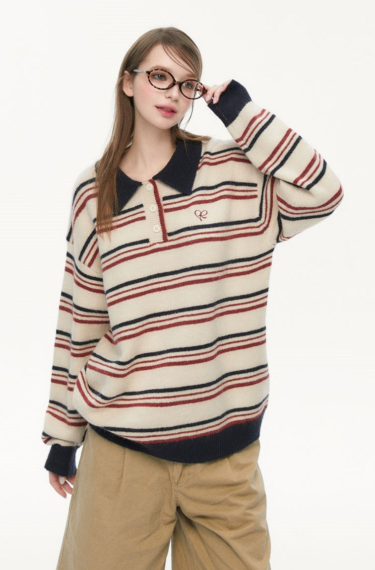 Retro Polo Collar Striped Sweater SPE0075