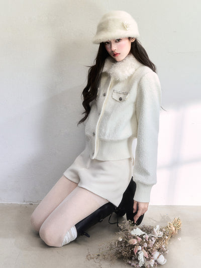 White Detachable Fur Collar Jacket FRA0504