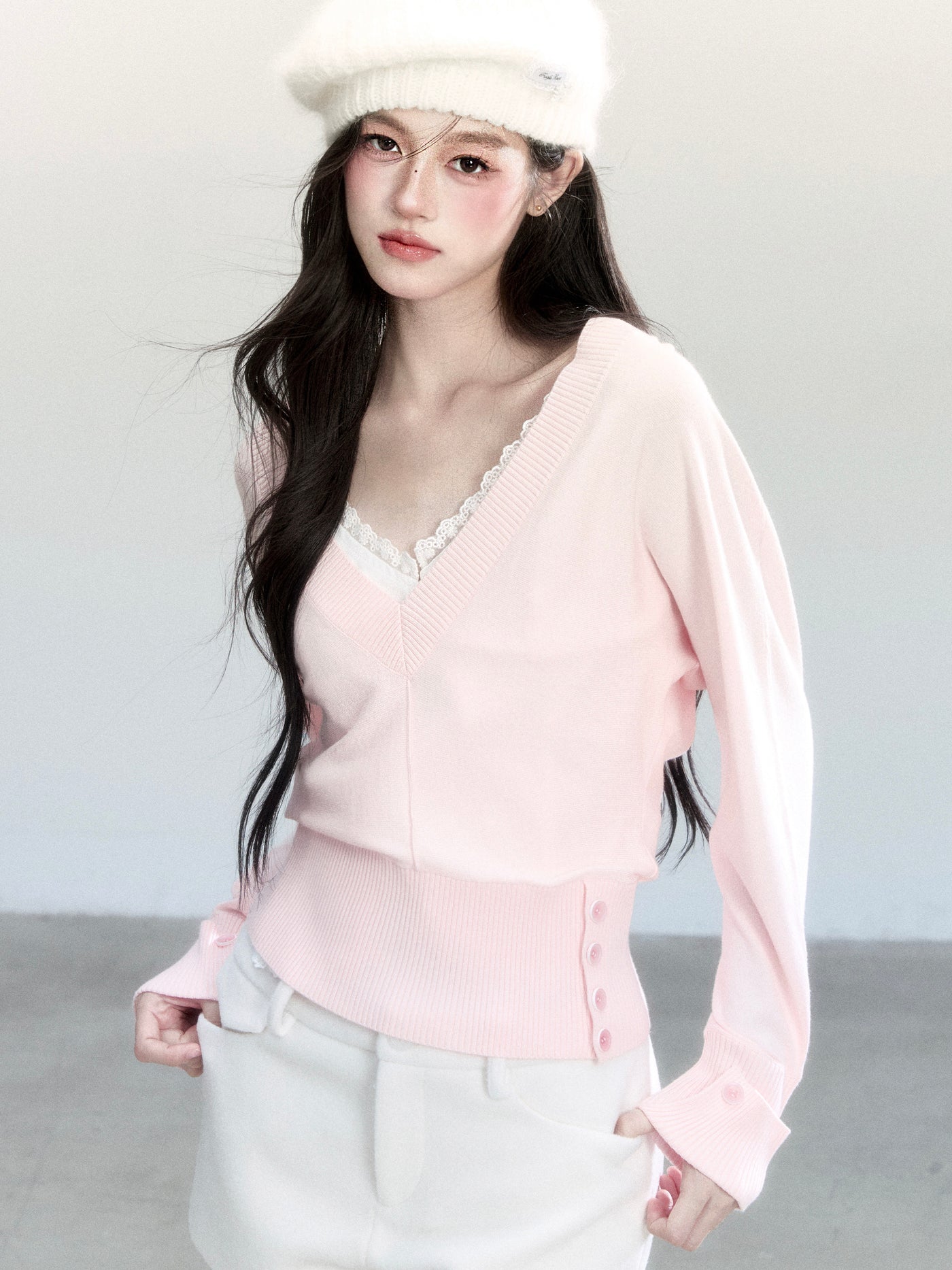 Batwing Sleeves V-Neck Sweater/Lace Camisole FRA0460