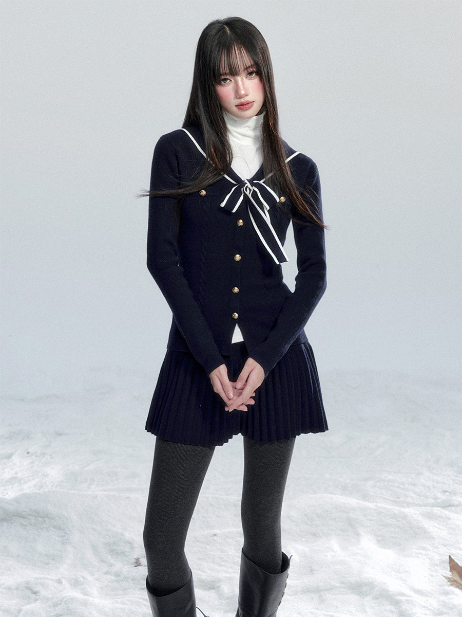 Navy Collar Bow Tie Cardigan/Pleated Skirt FRA0483