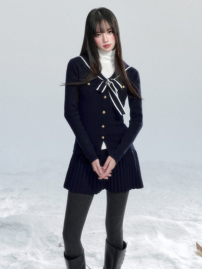 Navy Collar Bow Tie Cardigan/Pleated Skirt FRA0483
