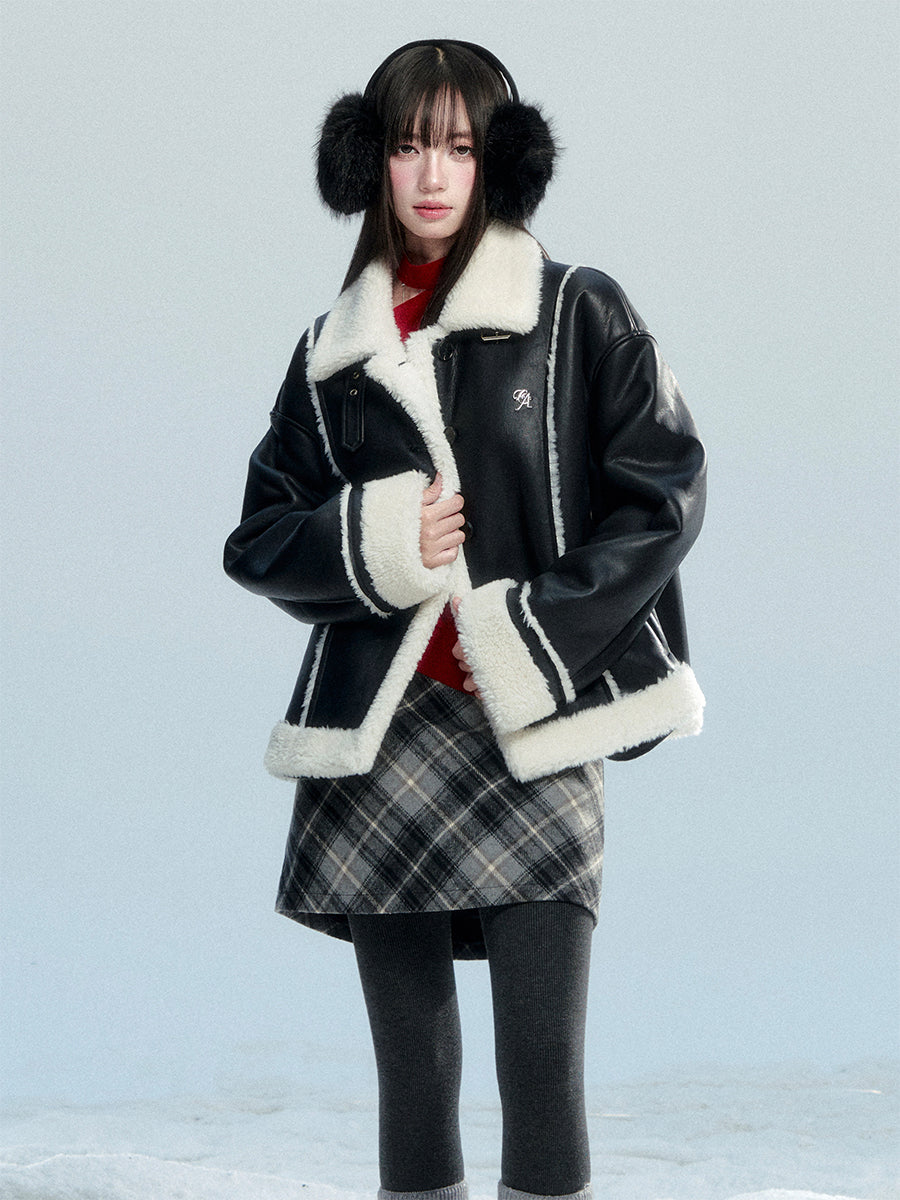 Fur Collar Black Leather Jacket FRA0477