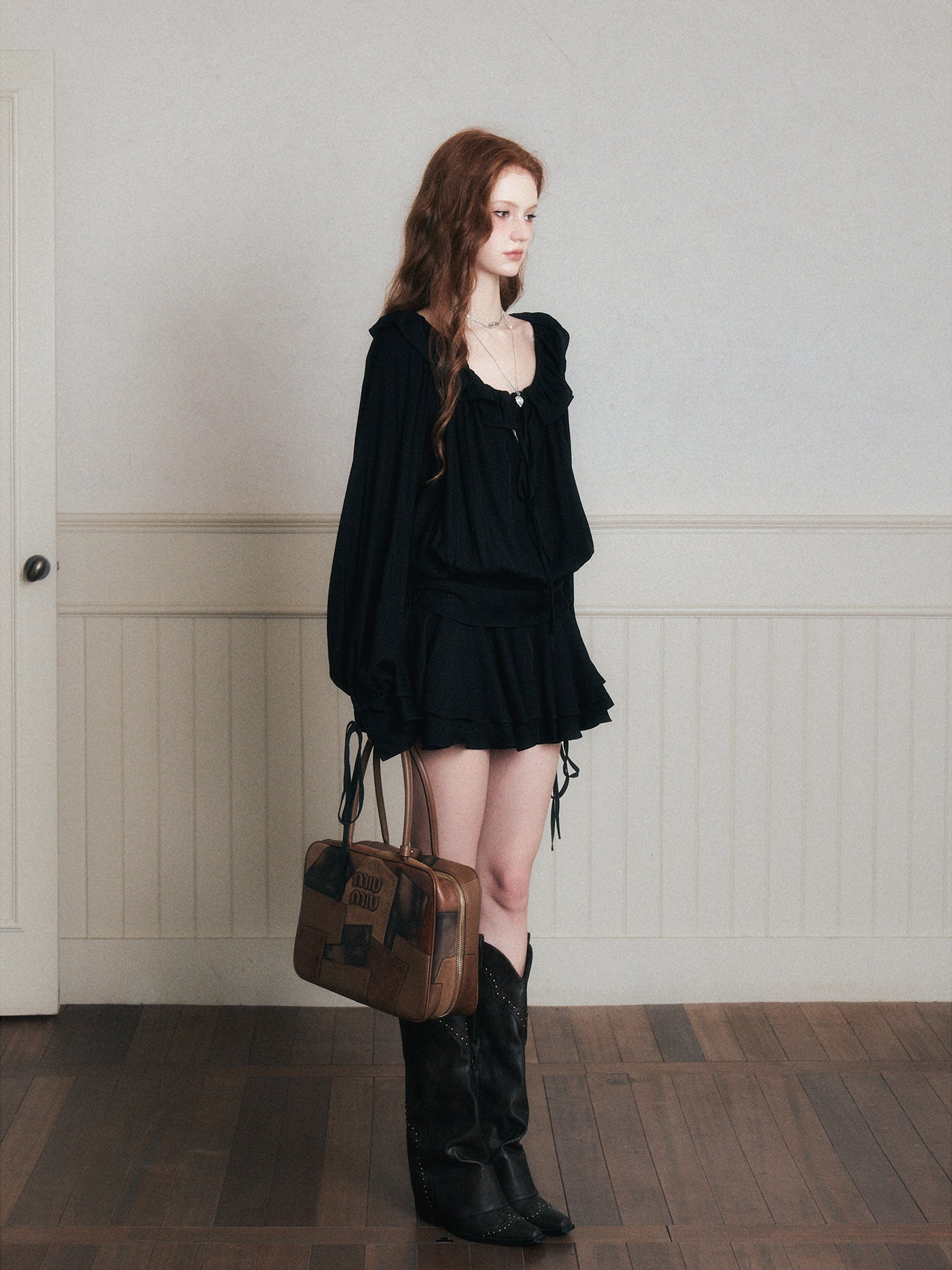 Ruffled Chiffon Satin Shirt Dress LUL0170