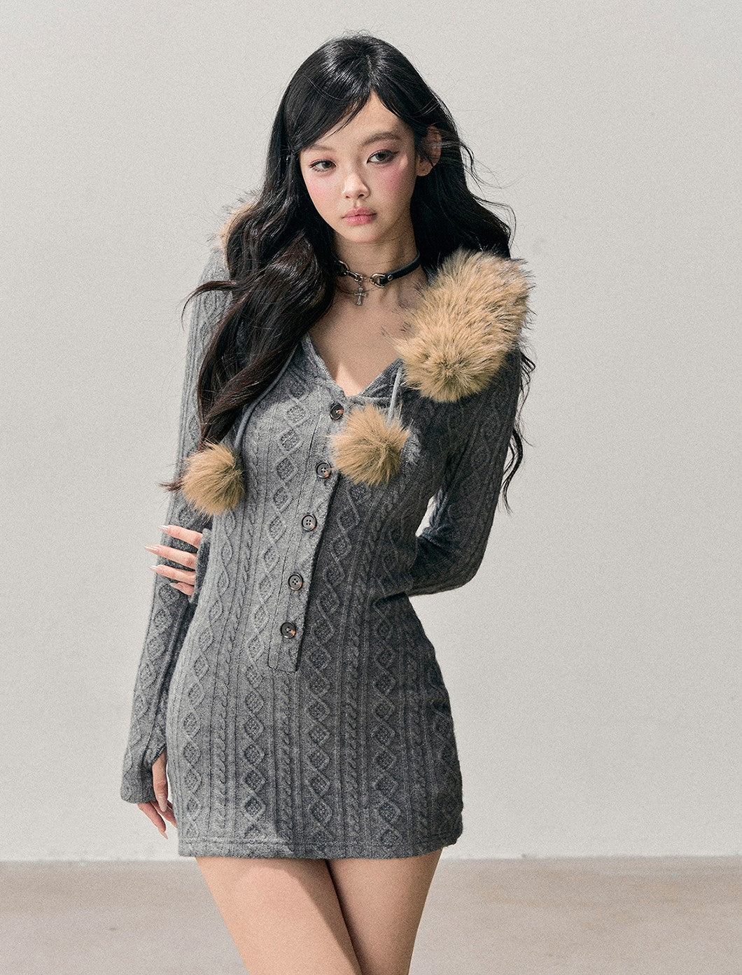 Detachable Fur Collar Sweater Dress DIA0707