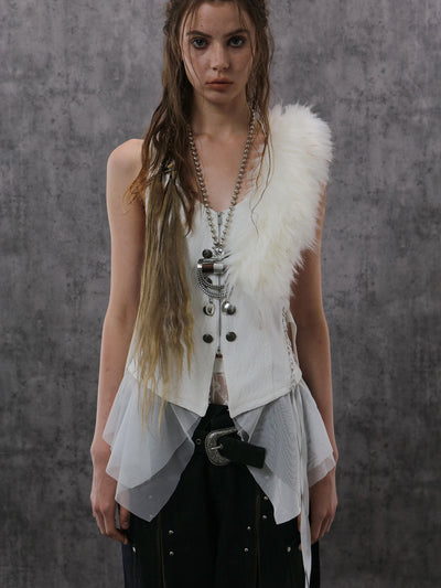 Lace Splicing Metal Button Fur Collar Vest DOU0129
