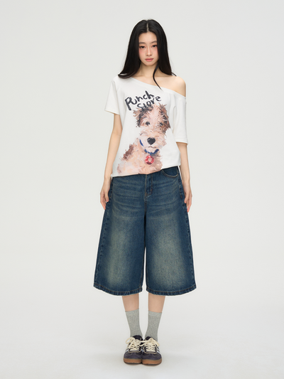 Puppy Print One Shoulder T-shirt PUN0069
