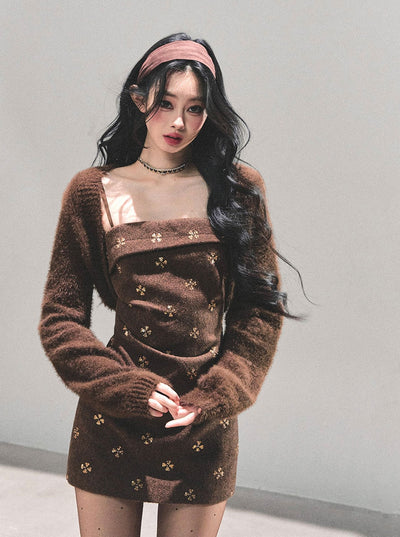 Brown French-style Camisole Dress/Short Cardigan DIA0660