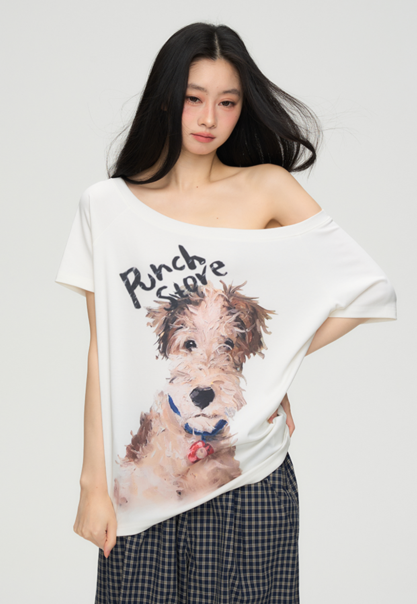 Puppy Print One Shoulder T-shirt PUN0069