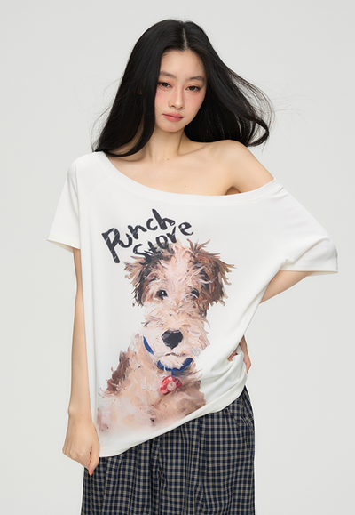 Puppy Print One Shoulder T-shirt PUN0069