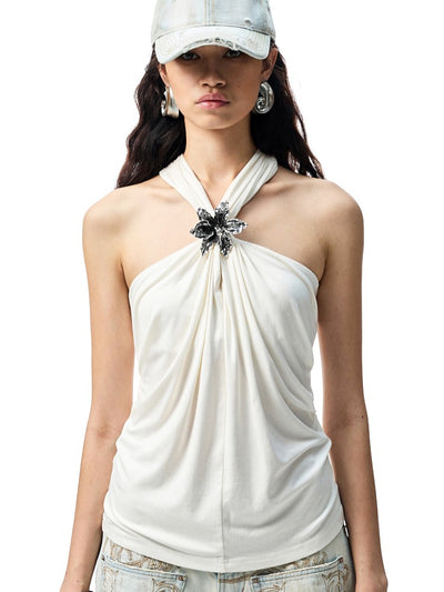 V-neck Pleated Sleeveless Halter Top JIN0022