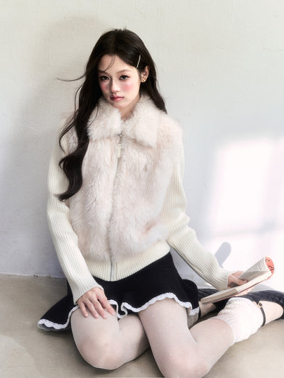 Detachable Bow Collar Faux Fur Knitted Jacket FRA0510