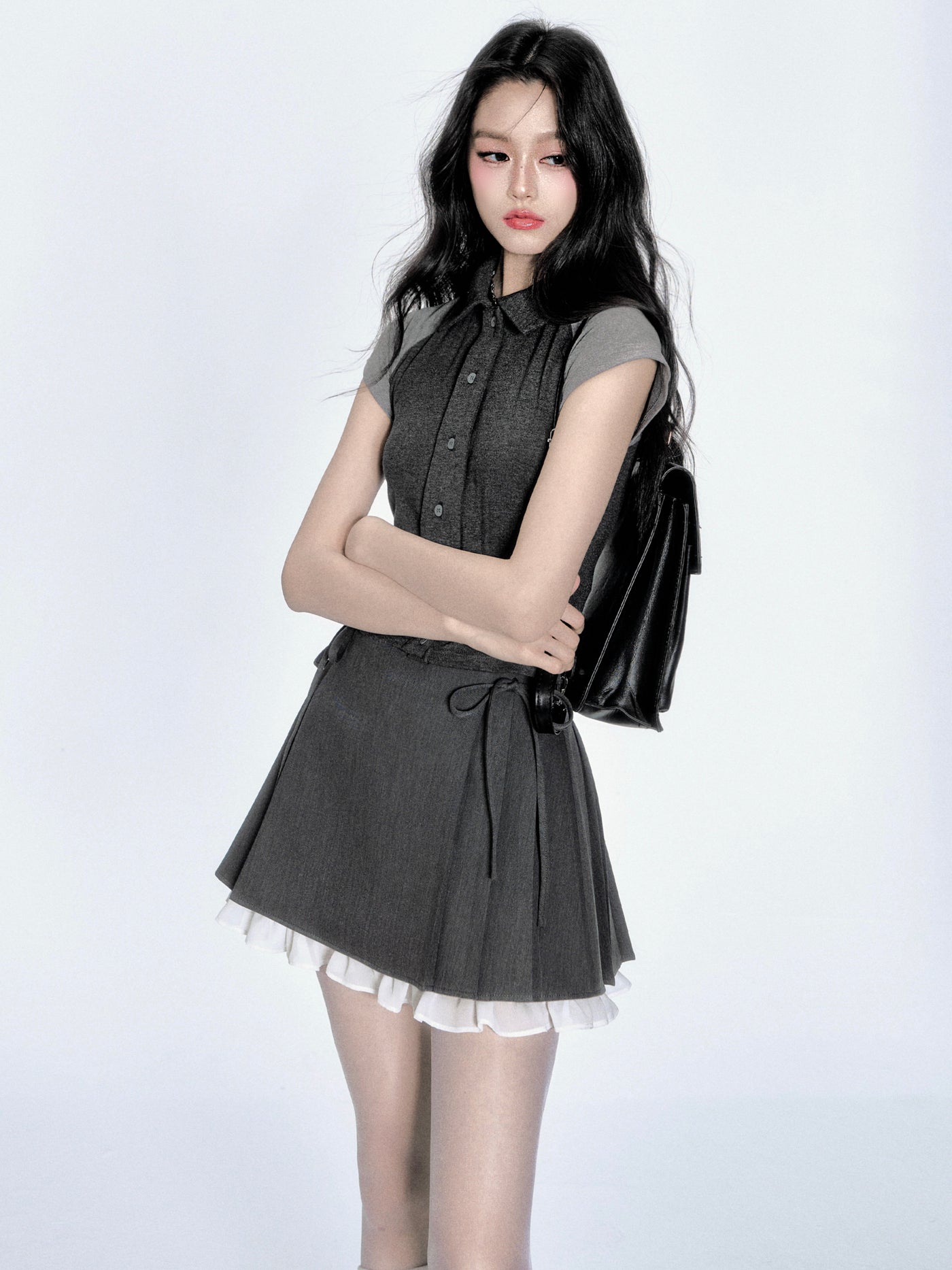 Contrast Color Tie Short Top/Skirt FRA0349