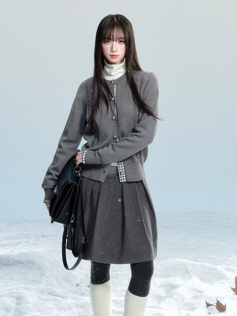 Cable Knitted Patchwork Plaid Cardigan FRA0475