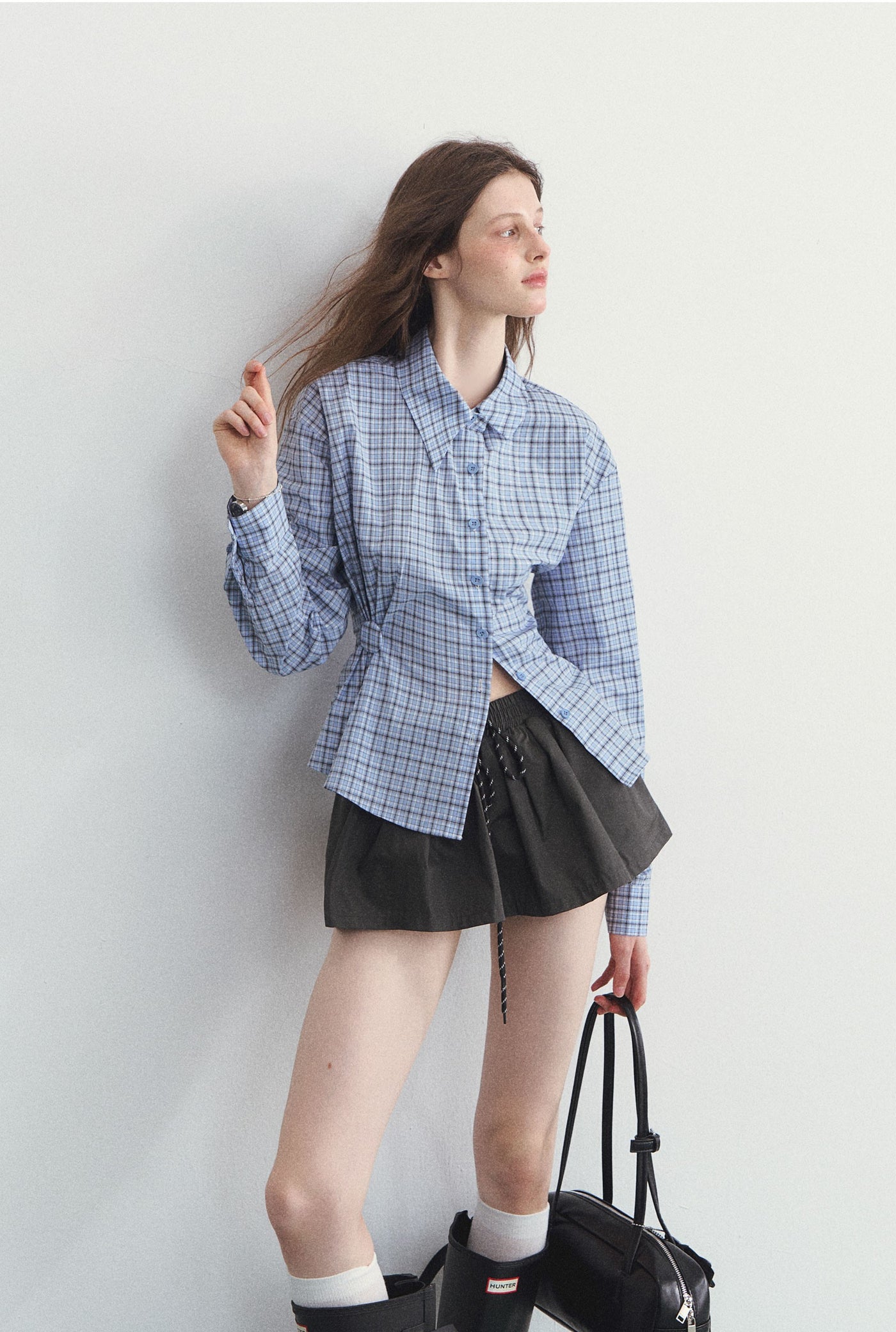Irregular Collar Blue Plaid Shirt SPE0101
