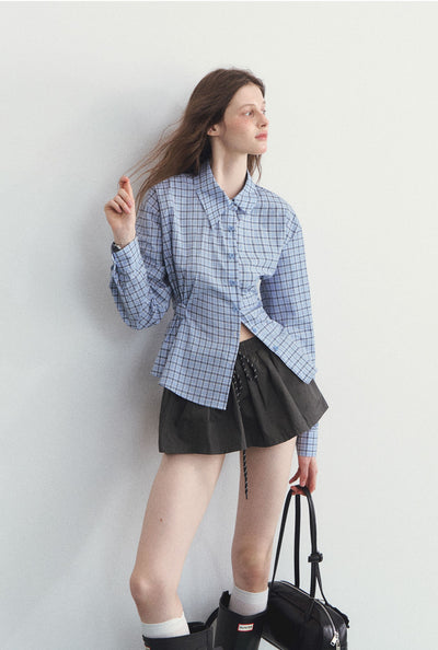 Irregular Collar Blue Plaid Shirt SPE0101