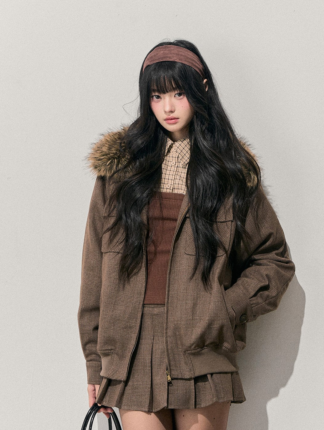 Brown Quilted Jacket/Pleated Skirt DIA0724