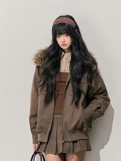 Brown Quilted Jacket/Pleated Skirt DIA0724