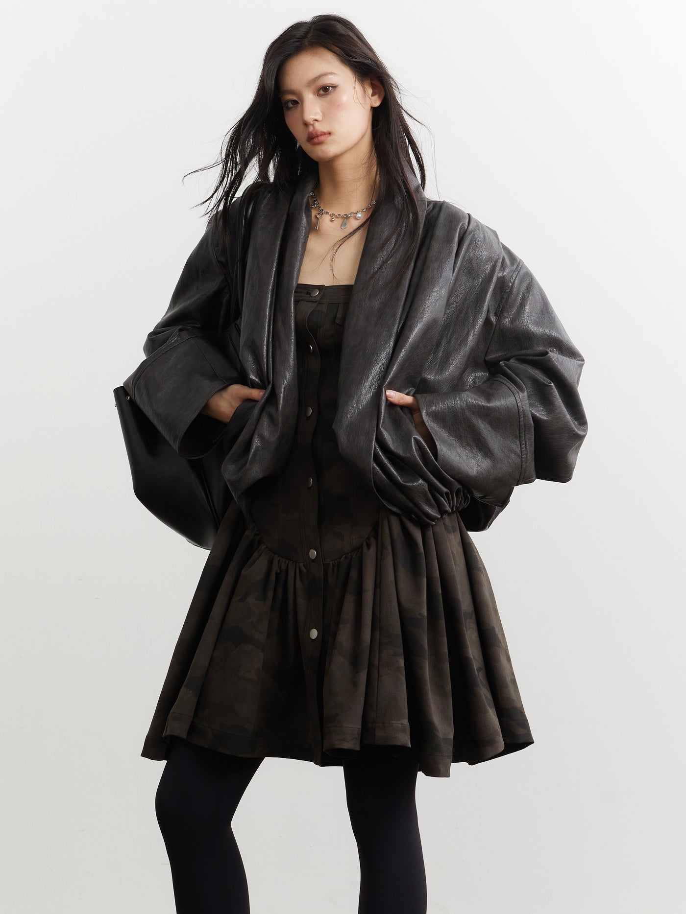 Retro Pleated Silhouette Leather Jacket JNY0255