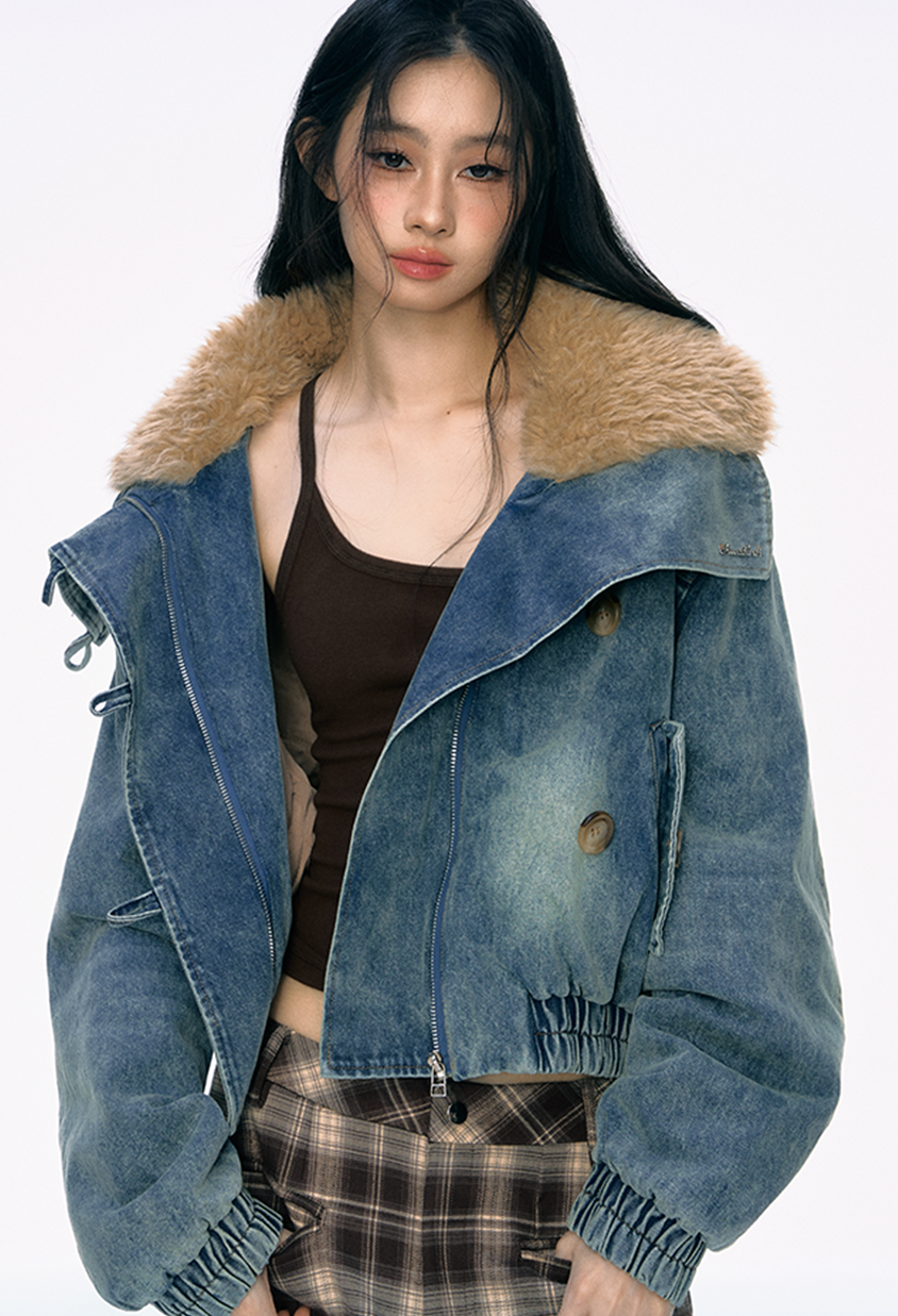 Fur Collar Denim Lapel Short Cotton Jacket PUN0034