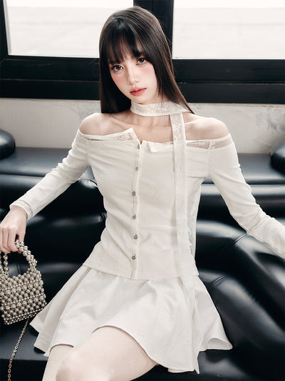 White Lace One-Shoulder Top/Embroidered Skirt FRA0415