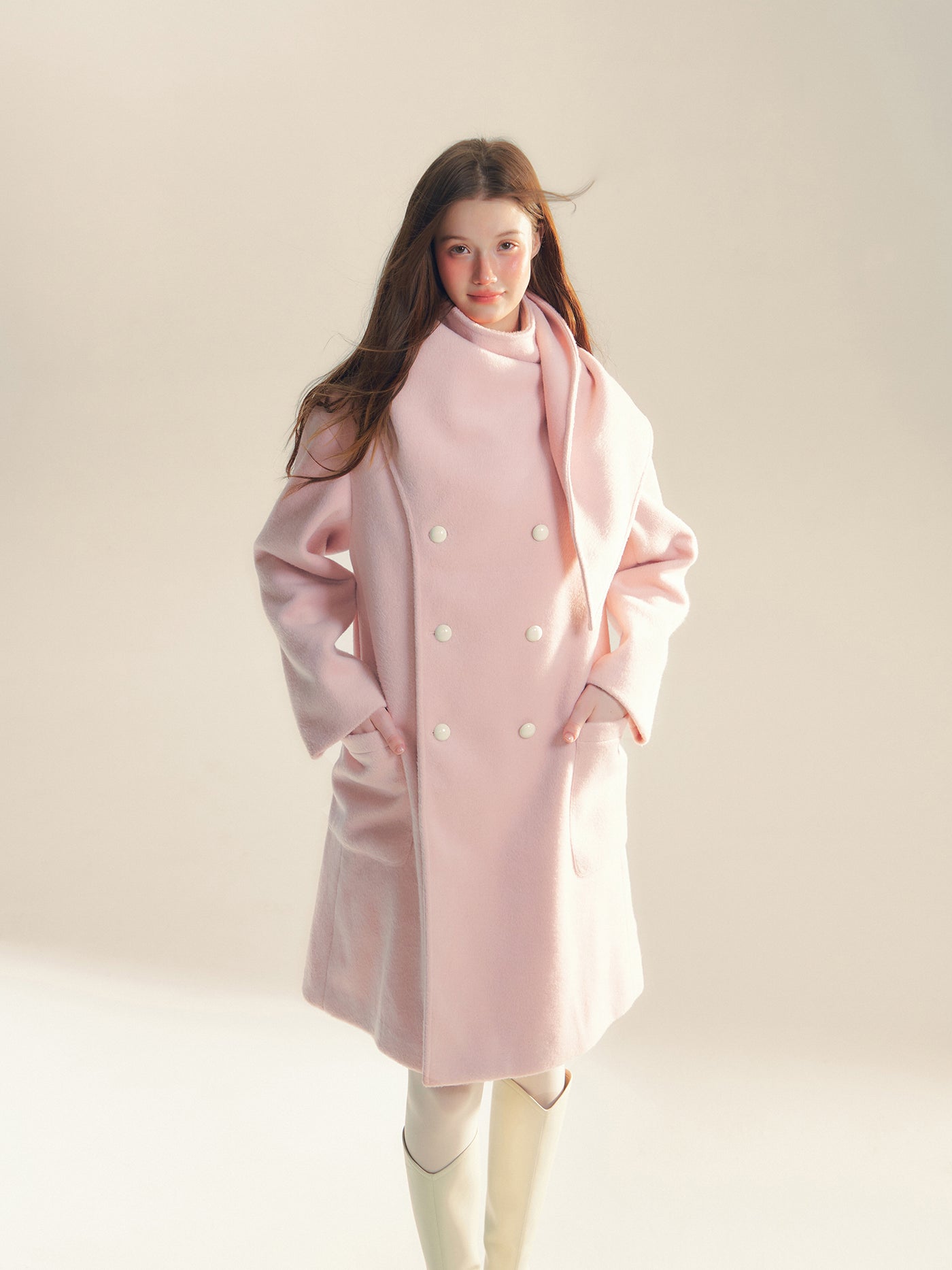 Pink Wool Scarf Silhouette Medium Coat REC0060