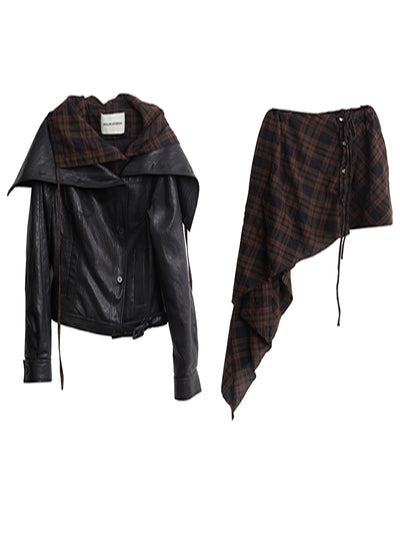 Plaid Stitching Leather Jacket+Skirt JNY0251