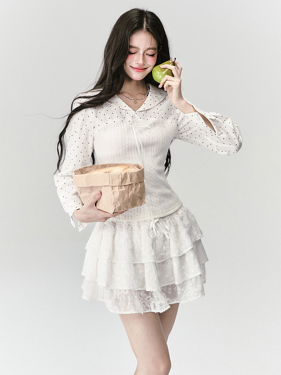 Polka Dot Navy Collar Splicing Shirt FRA0425