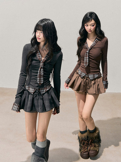 Faux Two-Piece Plaid Tie T-Shirt DIA0746